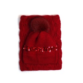 Set căciulă și fular din lână merino - Roșu rubin, handmade cu paiete și blăniță