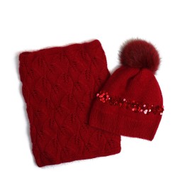 Set căciulă și fular din lână merino - Roșu rubin, handmade cu paiete și blăniță