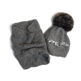 Set căciuliță și fular din lână merino - Gri lavandă, handmade cu paiete