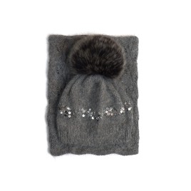 Set căciuliță și fular din lână merino - Gri lavandă, handmade cu paiete