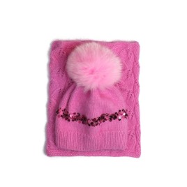 Set căciuliță și fular din lână merino - Roz fucsia, handmade cu paiete