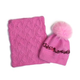 Set căciuliță și fular din lână merino - Roz fucsia, handmade cu paiete