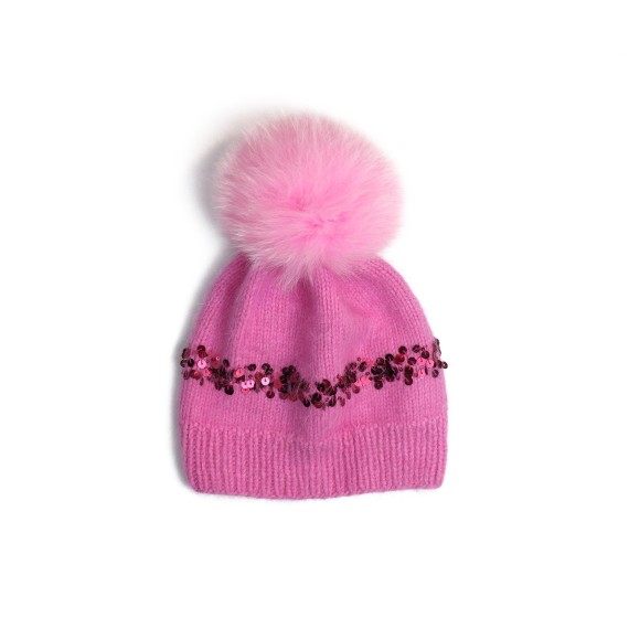 Set căciuliță și fular din lână merino - Roz fucsia, handmade cu paiete