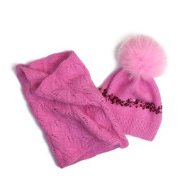 Set căciuliță și fular din lână merino - Roz fucsia, handmade cu paiete