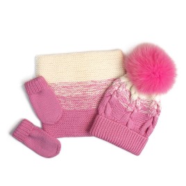 Set căciuliță, fular și mănuși din lână merino – Roz degrade și crem, handmade