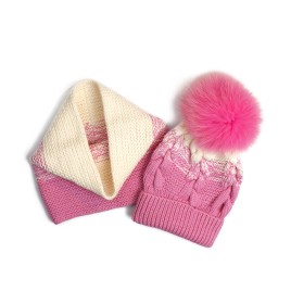 Set căciuliță, fular și mănuși din lână merino – Roz degrade și crem, handmade