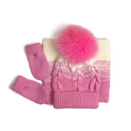 Set căciuliță, fular și mănuși din lână merino – Roz degrade și crem, handmade