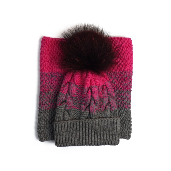 Set căciuliță și fular din lână merino – Fucsia și gri antracit, handmade
