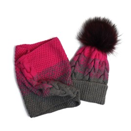Set căciuliță și fular din lână merino – Fucsia și gri antracit, handmade