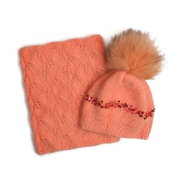 Set căciuliță și fular din lână merino – Somon pastel, handmade