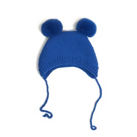 Căciuliță din lână albastru regal cu moțuri pufoase – Tricotată manual