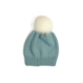 Set căciuliță și fular circular tricotate manual – Bleu cu detalii crem