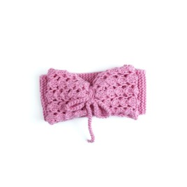 Bentiță tricotată manual din lână merino – Roz zmeuriu cu model dantelat