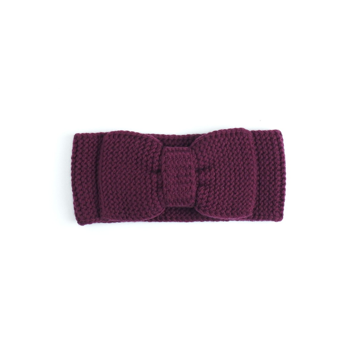 Bentiță tricotată manual din lână merino – Vișiniu închis cu fundă decorativă
