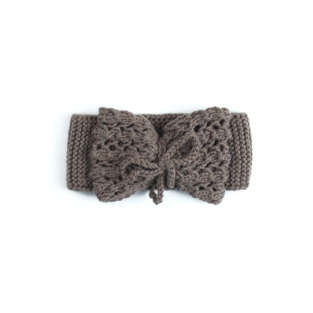 Bentiță tricotată manual din lână merino – Maro taupe cu fundă decorativă