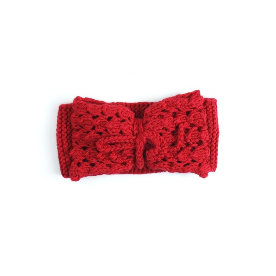 Bentiță tricotată manual din lână merino – Roșu intens cu fundă decorativă