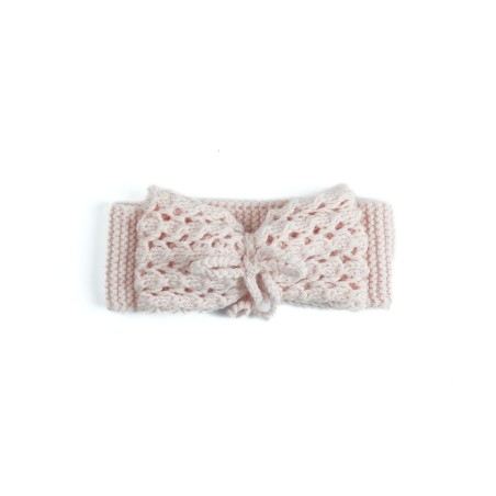 Bentiță tricotată manual din lână merino – Roz pudrat cu fundă decorativă