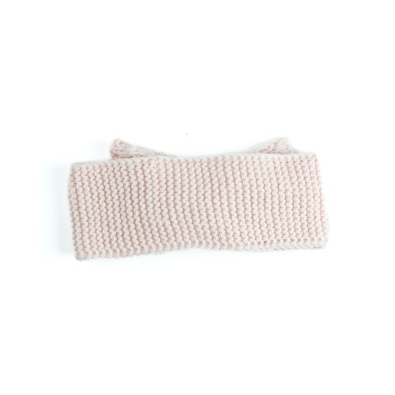 Bentiță tricotată manual din lână merino – Roz pudrat cu fundă decorativă