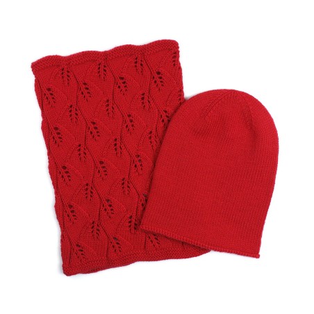 Set căciulă și fular tricotate manual - Roșu vibrant cu model elegant