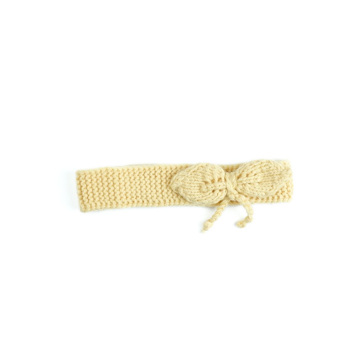 Bentiță tricotată manual din lână merino – Galben pastel cu fundă decorativă