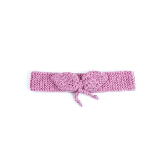 Bentiță tricotată manual din lână merino – Roz zmeuriu cu fundă decorativă