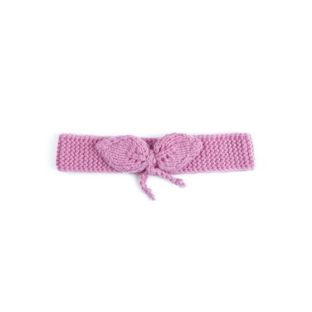 Bentiță tricotată manual din lână merino – Roz zmeuriu cu fundă decorativă