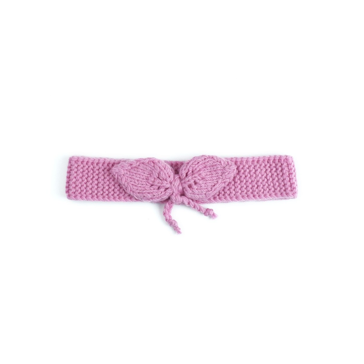 Bentiță tricotată manual din lână merino – Roz zmeuriu cu fundă decorativă