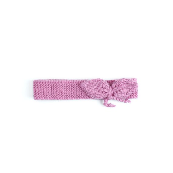 Bentiță tricotată manual din lână merino – Roz zmeuriu cu fundă decorativă