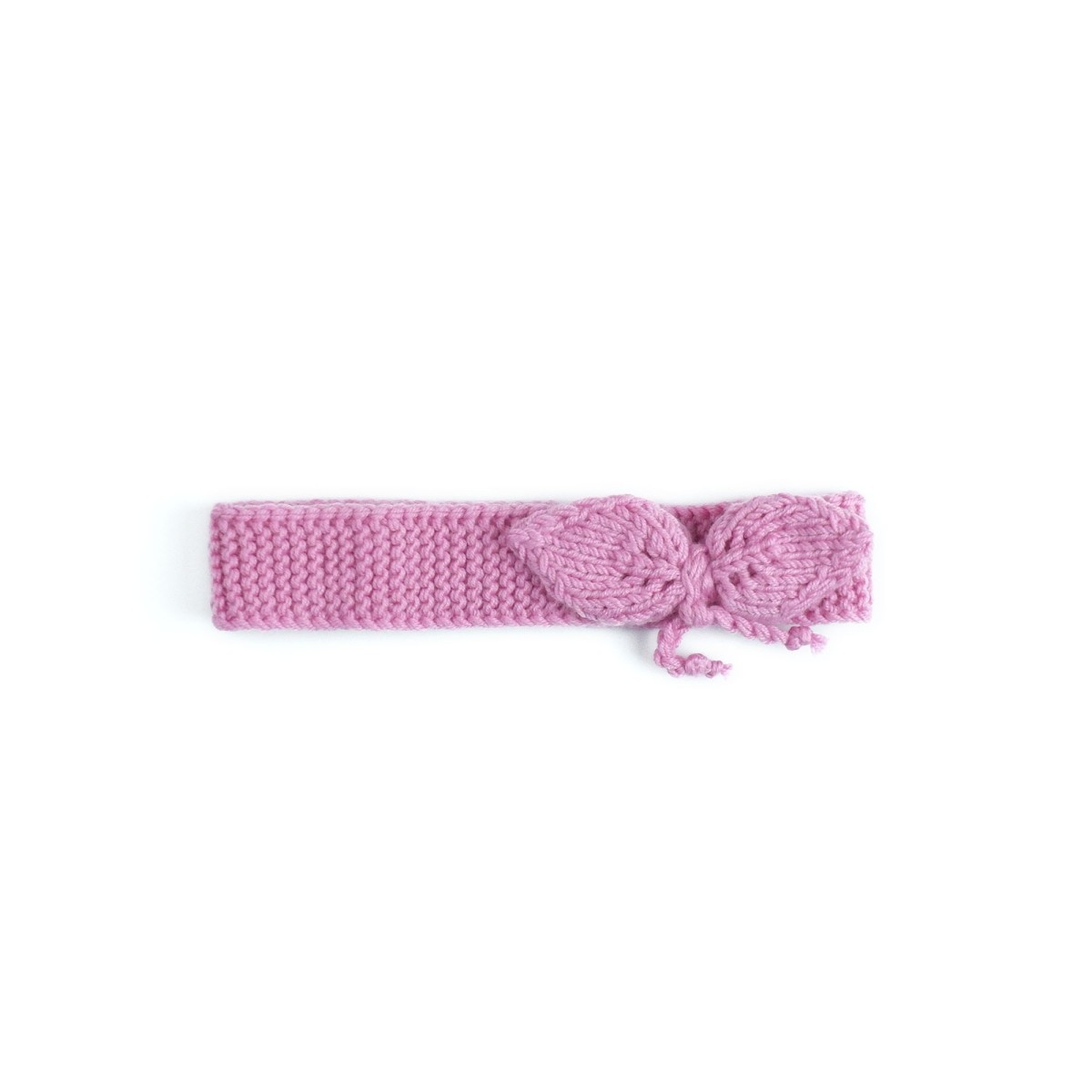 Bentiță tricotată manual din lână merino – Roz zmeuriu cu fundă decorativă