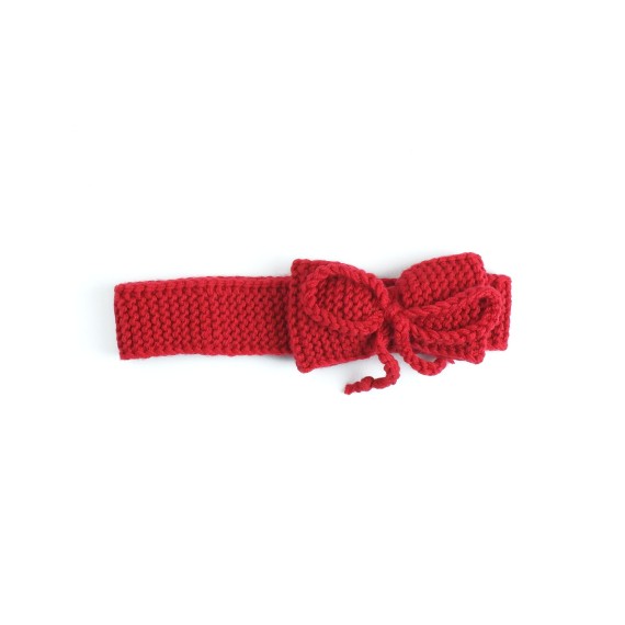 Bentiță tricotată manual din lână – Roz intens cu fundă delicată