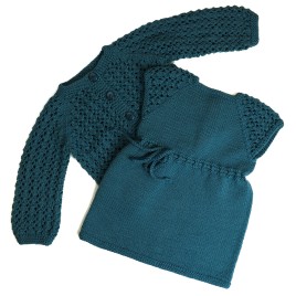 Set rochiță și cardigan lână merino verde smarald - Tricot manual fete