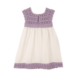 Rochiță cu bust croșetat din microfibră – Lila pastel și pânză topită alb natural