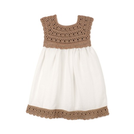 Rochie croșetată manual maro – bust din microfibră și fustă alb natural