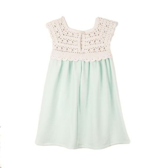 Rochie cu bust tricotat manual – Verde mentă cu alb natural