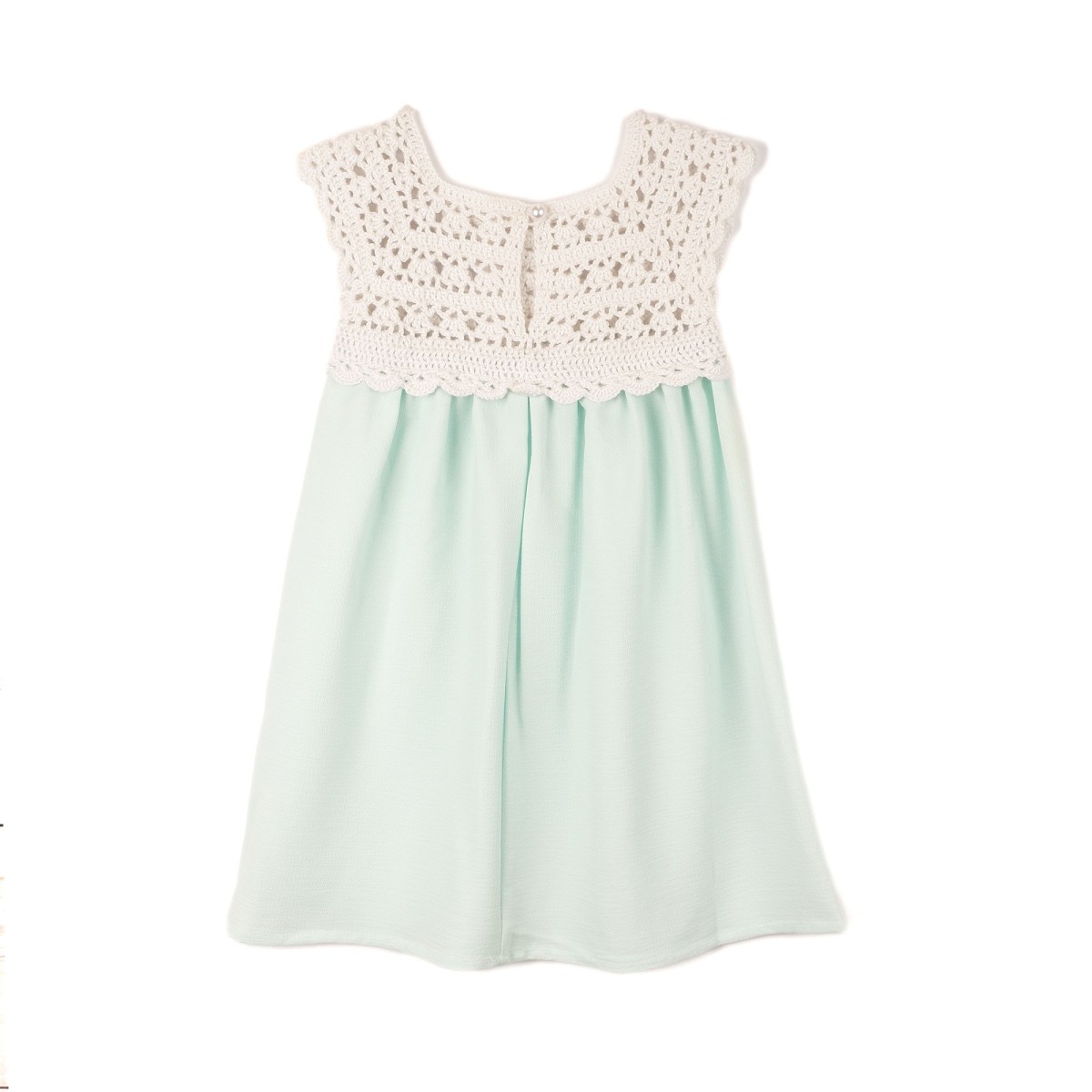 Rochie cu bust tricotat manual – Verde mentă cu alb natural