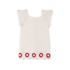 Rochiță croșetată manual – Alb natural cu flori roșii decorative