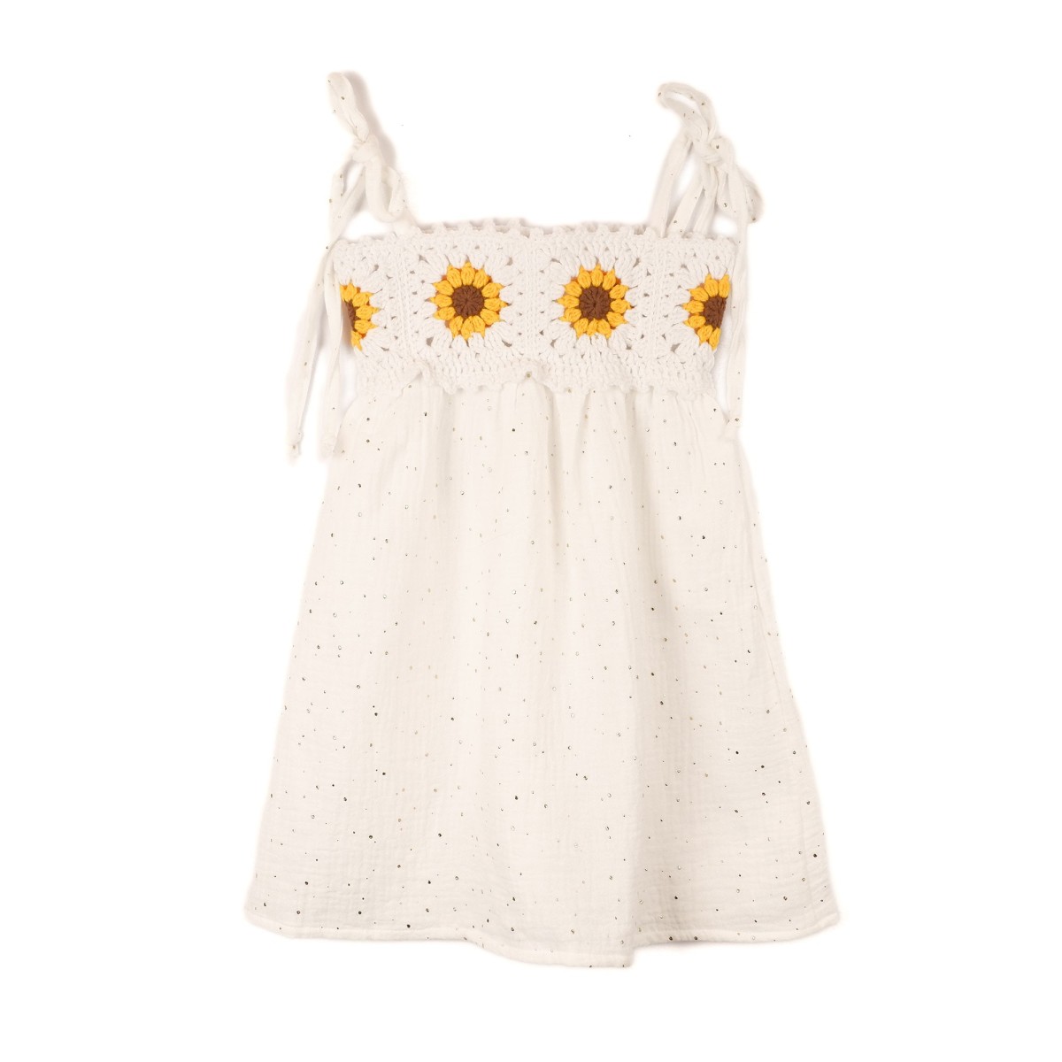Rochie tricotată alb natural cu bretele și flori croșetate galbene