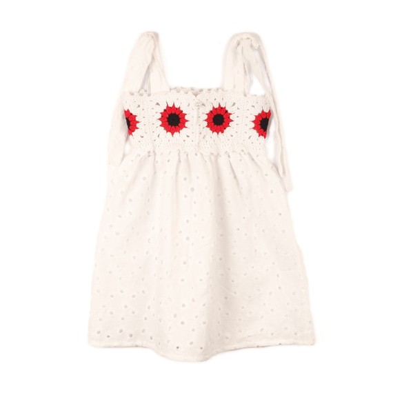 Rochiță albă cu bust croșetat și maci – Fustă din broderie englezească