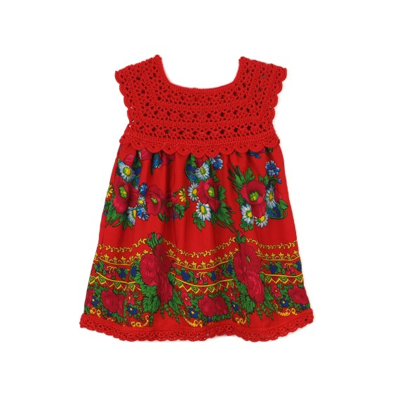 Rochie tradițională fetiță – roșu cu bust croșetat și fustă florală