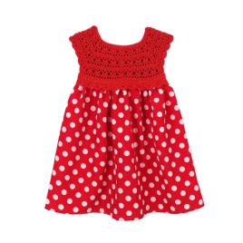 Rochie roșie cu bust croșetat și fustă din viscoză cu bulin