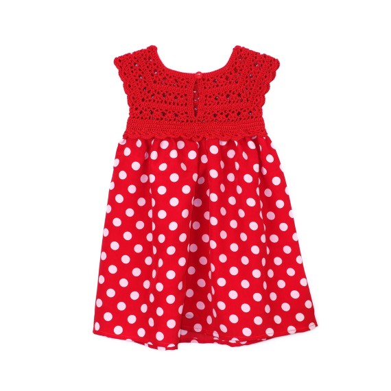 Rochie roșie cu bust croșetat și fustă din viscoză cu bulin