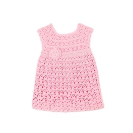 Rochiță croșetată roz pentru fetițe – cu floare decorativă și perlă