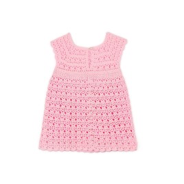 Rochiță croșetată roz pentru fetițe – cu floare decorativă și perlă