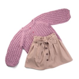 Set fustiță din bumbac și cardigan din lână merino – Bej cu fundă