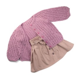 Set fustiță din bumbac și cardigan din lână merino – Bej cu fundă