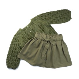 Set cardigan din lână merino și fustiță din bumbac cu fundă – Verde kaki