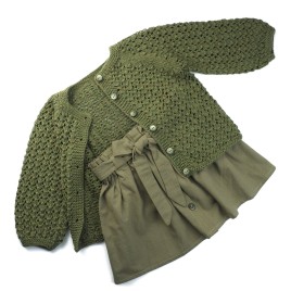Set cardigan din lână merino și fustiță din bumbac cu fundă – Verde kaki