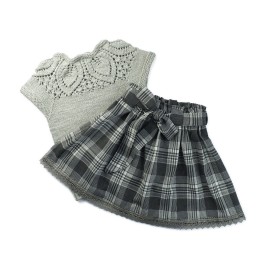 Set bluziță din lână merino și fustiță din viscoză cu fundă – Gri cu carouri