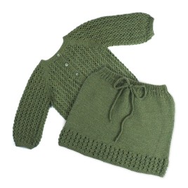 Set cardigan și fustă tricotate manual din lână merino – Verde