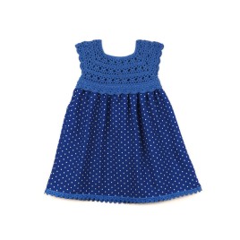 Rochiță croșetată manual cu fustă din viscoză imprimată – Albastru cu buline